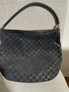 Gucci Black GG Monogram Shoulder Hobo with Gold Hardware